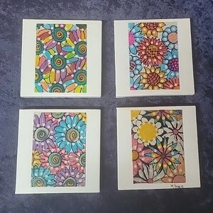 4"x4" Original Mini Painting Folk Art Flowers Set Of 4 Canvas Watercolor.